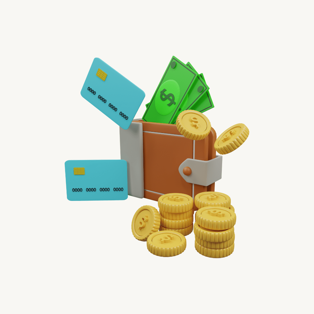 Billetera con dinero y monedas ficticias.