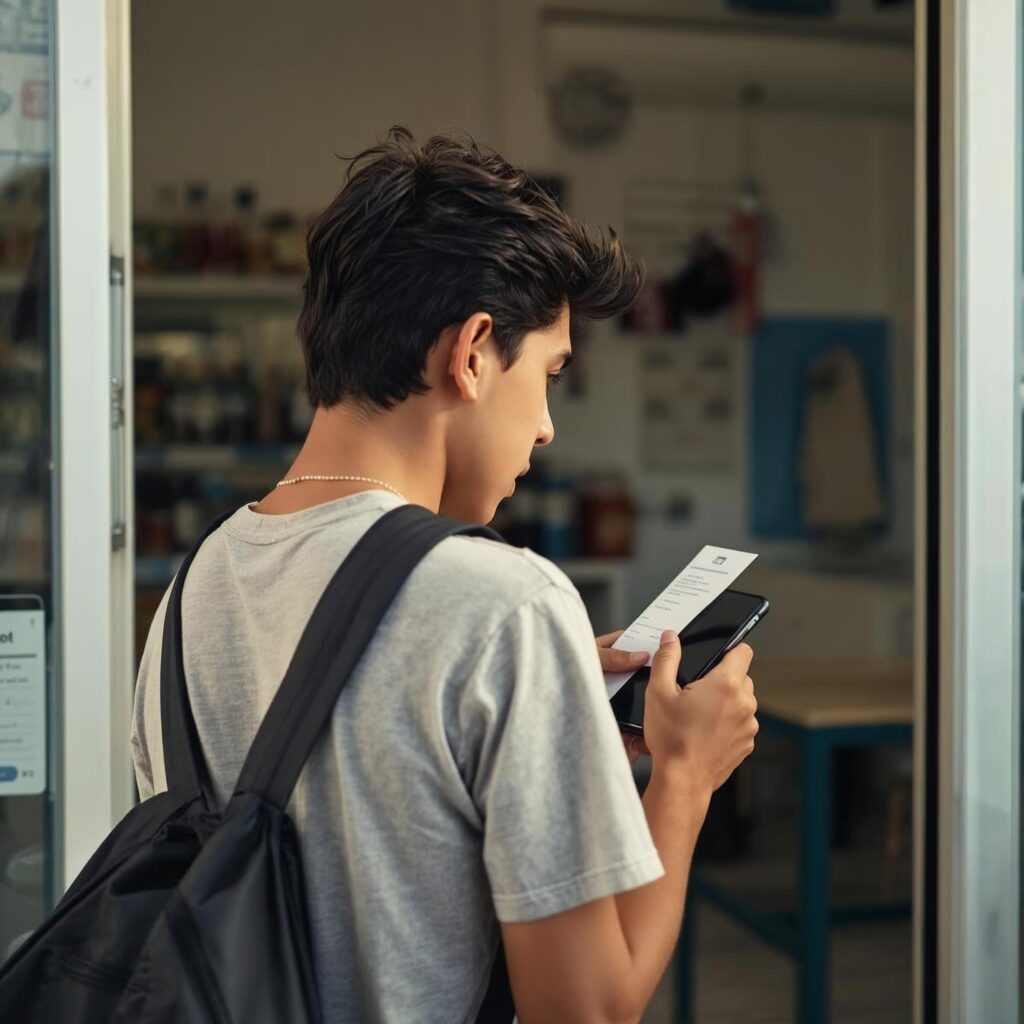 Joven comprando precios calculando porcentaje de inflación y pérdida de poder adquisitivo.