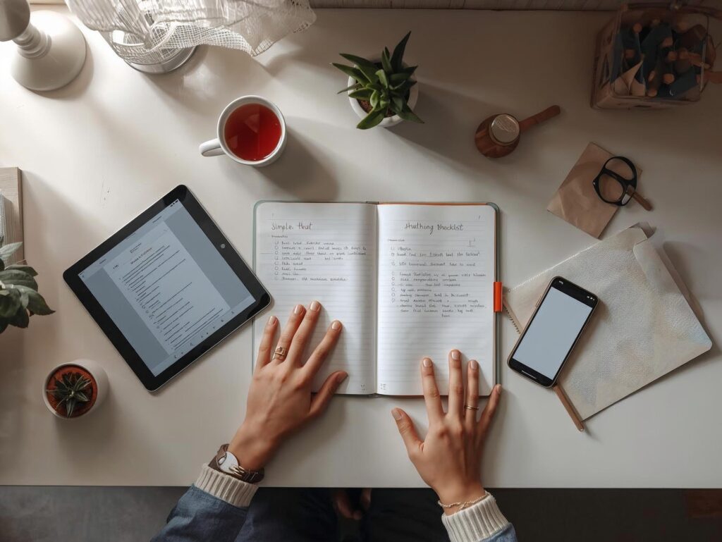 Escritorio ordenado visto desde arriba, con las manos de una persona joven descansando junto a una libreta con una lista de tareas, una tablet con un PDF abierto, un celular con una app de presupuesto, una taza de té y una planta pequeña, en luz natural suave que transmite calma y control sobre las finanzas.