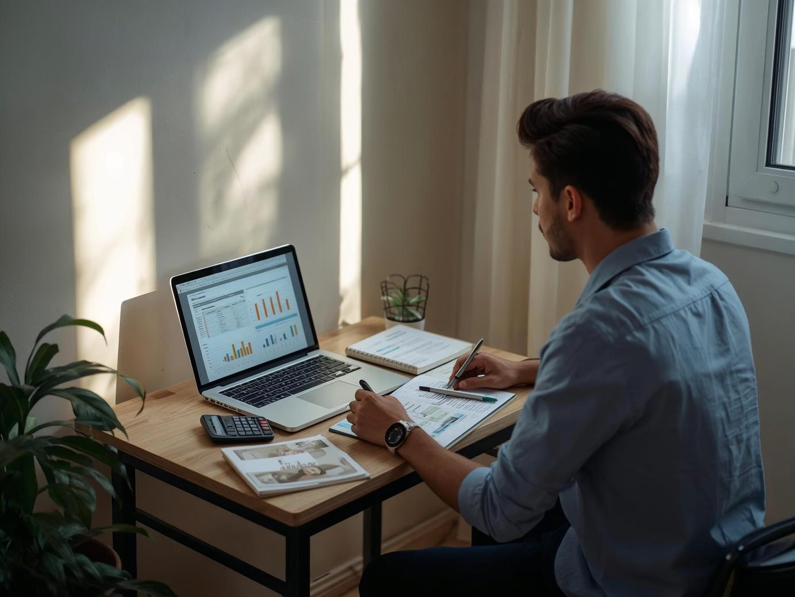 Persona joven latinoamericana sentada en la mesa de la cocina, revisando su presupuesto con portátil, calculadora, facturas y libreta, en un entorno sencillo y ordenado.