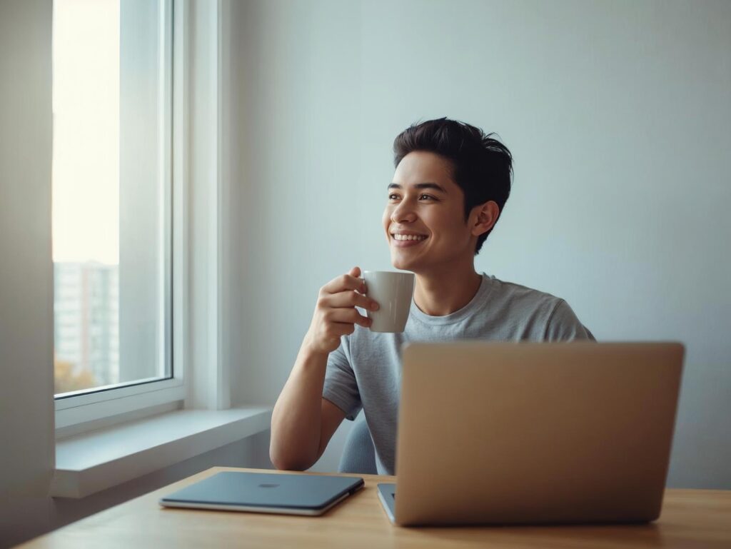 Joven adulto latino sentado junto a una ventana por la mañana, con una taza de café en la mano y una sonrisa tranquila, transmitiendo resiliencia financiera en crisis, paz y confianza después de organizar sus finanzas en un entorno minimalista y luminoso.