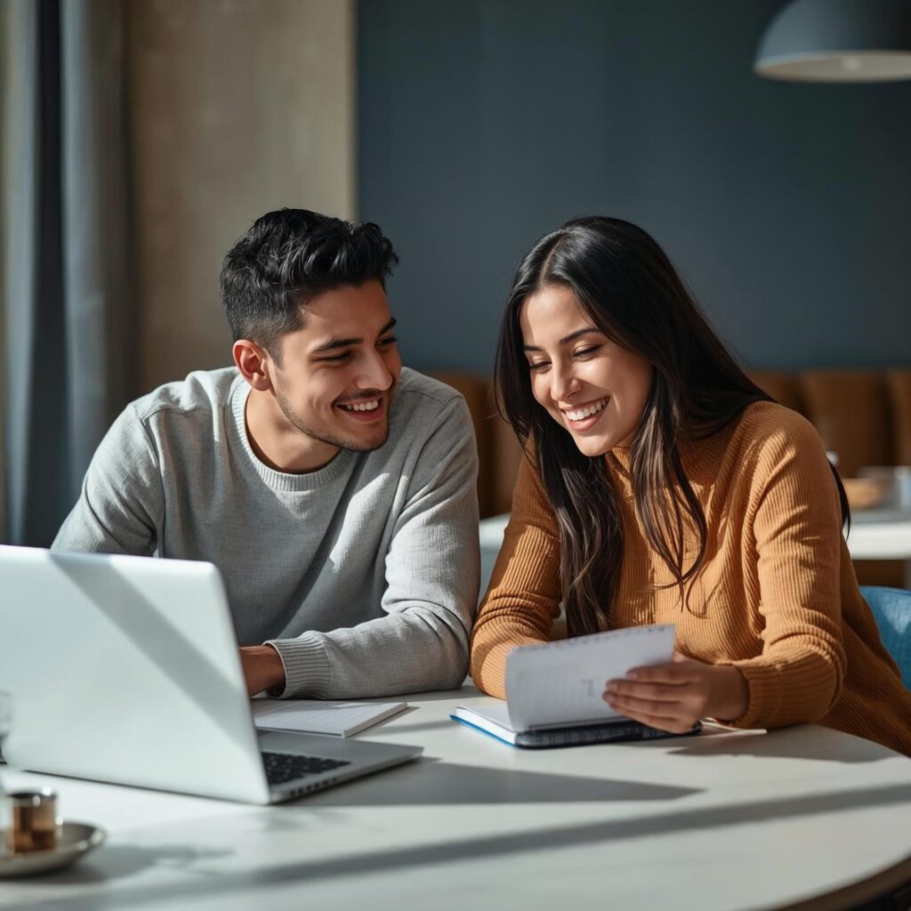 Dos jóvenes adultos latinoamericanos sentados en la mesa del comedor con un portátil y una libreta, conversando y sonriendo mientras revisan metas de ahorro, representando trabajo en equipo y resiliencia financiera en crisis en un ambiente cálido y sencillo.