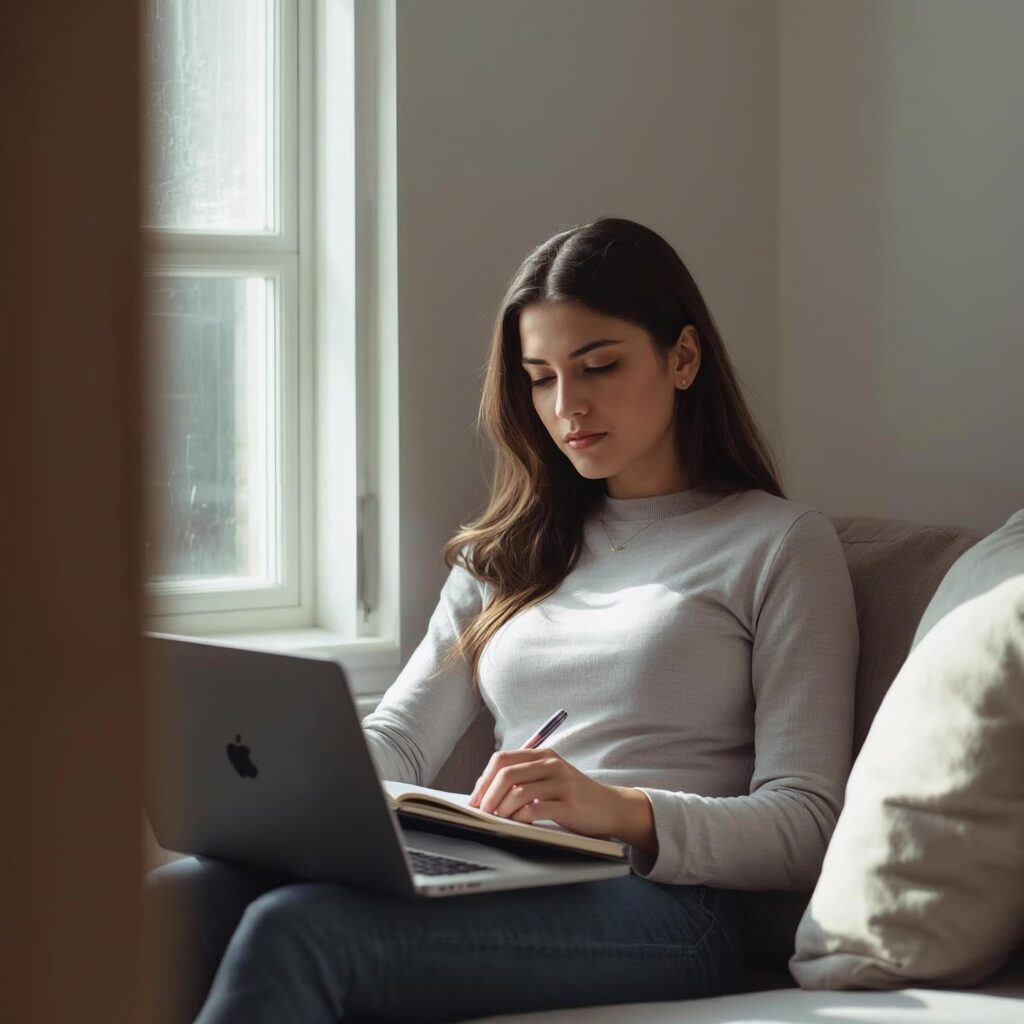 Joven mujer latinoamericana de unos 25 años sentada junto a una ventana con luz natural, revisando sus gastos en la laptop y escribiendo en una libreta, en un departamento minimalista de tonos claros, reflejando calma, autocontrol y resiliencia financiera en crisis sin lujos, solo disciplina y claridad.